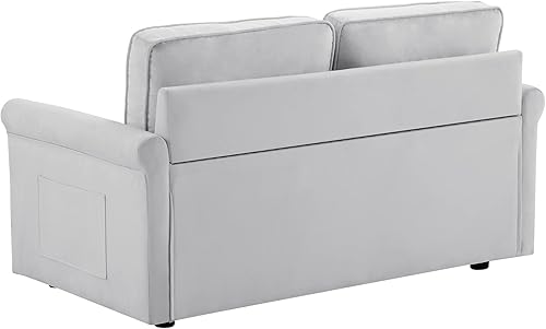 Miniatura 38 de Moderno sofá biplaza de terciopelo de 59 pulgadas con 2 bolsillos, sofá cama convertible tapizado con respaldo múltiple ajustable, sofá futón con