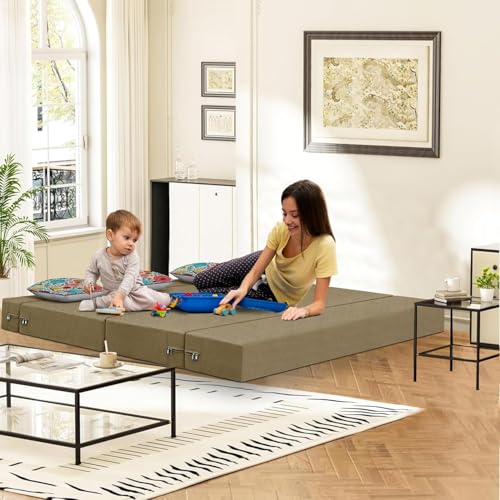 Image of Rosebell-5x6-Feet Modern Sofa Bed, Space-Saving Folding Couch with Jute Fabric, Dual Floral Accent Cushions, Compact Sleeper Sofa for Living Room, Guest Room & Small Apartments-Golden