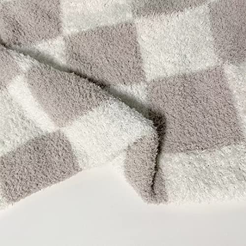 Ultra Soft Checkered Blanket Cream Cozy Buffalo Check Throw Fluffy Knitted Reversible Throw Blanket Lightweight Fleece Checkerboard Grid Blanket For Sofa Couch Bed Travel, Taupe/White, 51''X63'' #TOP3