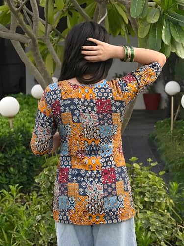 Image of Pinkmint Women's Cotton Blend Printed Short Kurti, Hip-Length Ethnic Tunic for Women, 3 /4 Sleeve Notch Neck, Casual, Office (Available in Plus Sizes & Combo Pack 2)