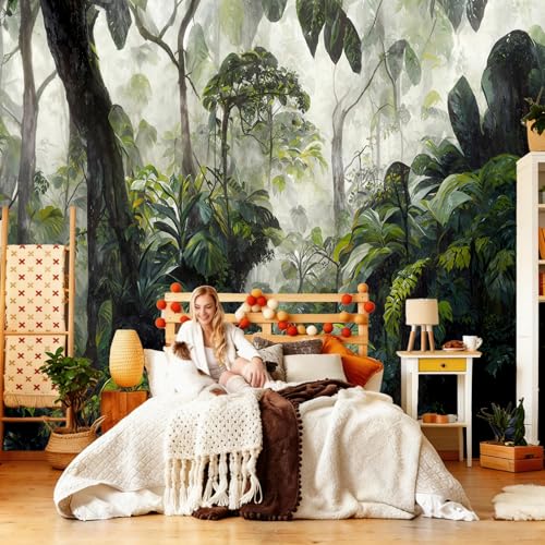 Surfino Misty Jungle Tropical Rainforest Peel and Stick Wall Mural, Green Botanical Self-Adhesive Wallpaper, Removable Nature Accent Wall Decor (Color32, 118" x 82")