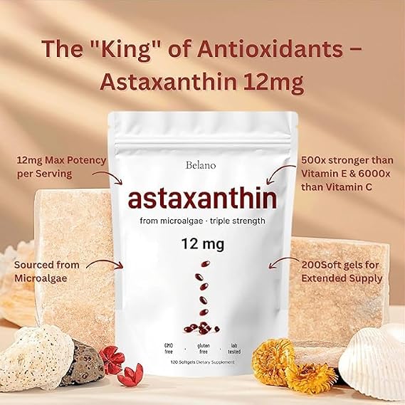 Astaxanthin Softgels 12mg, Supports Eye, Skin & Joint Health, Natural Microalgae Source, 120 Count (1 Bag)