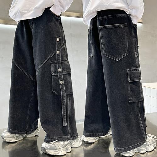 Boys Baggy Cargo Jeans Elastic High Waist Kids Straight Wide Leg Hip Hop Pants with Pockets Vintage Casual Jeans Y2k2