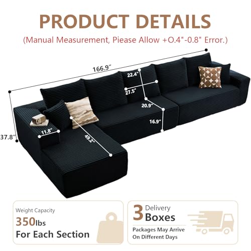 Image of Oversized Modular Sectional Sofa Couch, Large 5 Seater Corner Sofa Modern L Shaped Sectional Couch Cloud Couches for Living Room, Office, Spacious Space, Corduroy, No Assembly Required, Black