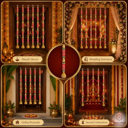 Image of Rajasthan Kraft Artificial Door Hanging, 44 Inch, Pack of 4, Multicolor Floral Latkan with Golden Tassels for Home Entrance, Festive Decoration, Ganesh Chaturthi, Navratri, Dussehra & Diwali Decor