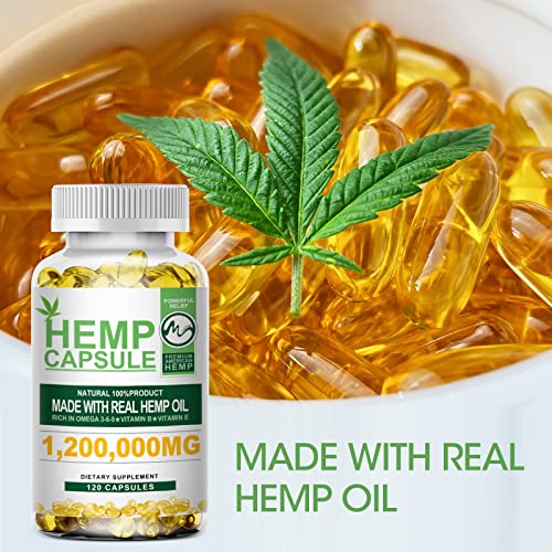 Hemp Oil Capsules - 120 Veggie Softgels - 1,200,000 mg Natural Premium Hemp Oil Extract Capsules for Sleep Aid & Mood Support & Stress Relief - Rich in Omega 3 6 9 & Vitamins