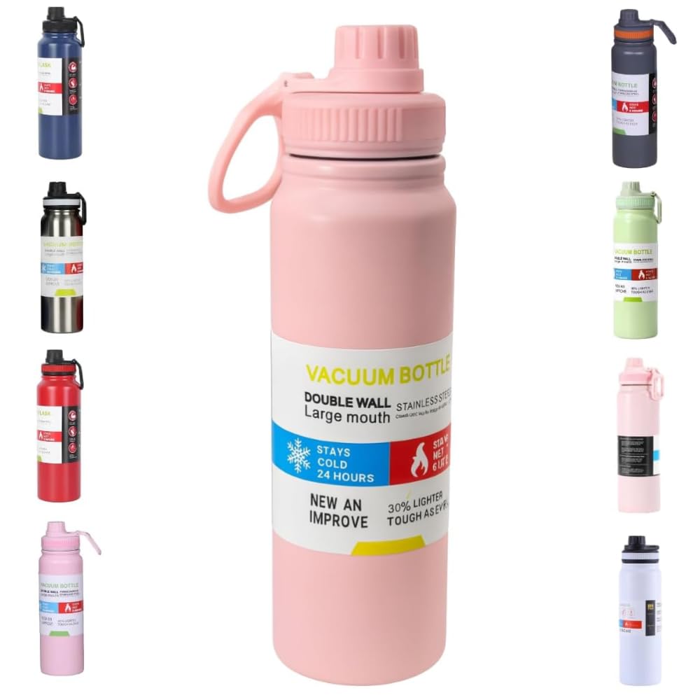 Garrafa de Água Térmica Inox 800ml Esportiva com Alça Parede Dupla Isolada a Vácuo Antivazamento Garrafinha Academia Fitness Corrida Esportes Escritório – Premium (Rosa)