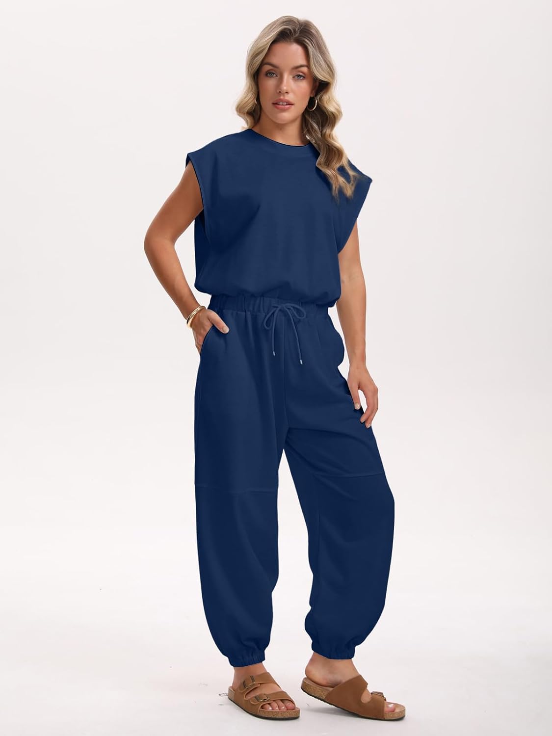 Womens Casual Jumpsuit Crewneck Cap Sleeve Long Wide Leg Pants One Piece Outfits Drawstring Romper with Pockets - Image 5