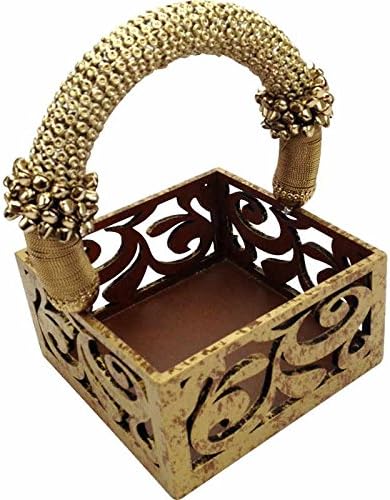 Wooden Gold Textured Multipurpose Basket with Gungroo Handle and See Thru design: Home Dinning or Kitchen Use - 6" x 6" x 8"