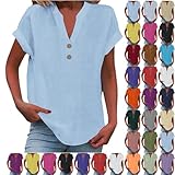 Clothes for Women Womens Summer Tops Casual Linen Cotton Tunic Blouse Short Sleeve Button V Neck Shirts Loose Fit Beach Vacation Tees Sky Blue XL