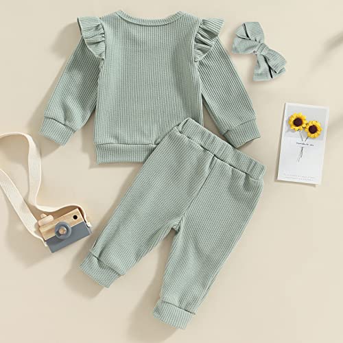 Toddler Baby Girl Fall Winter Clothes Solid Color Ribbed Knit Ruffle Sweatshirt Tops Pants Headband 3Pcs Outfit Set (A-Green, 6-12 Months) #TOP2