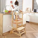 Toddler Tower, Kids Kitchen Step Stool with Safety Rails, Toddler Standing Tower Adjustable Height, Wooden Kitchen Stool for Kids, for Living Room Countertops and Bathroom Sinks(Natural)