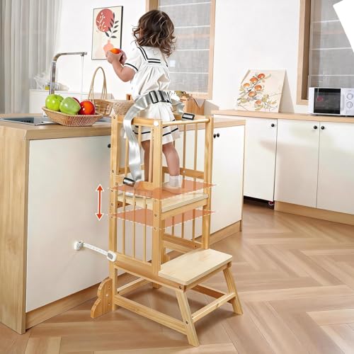 Toddler Tower Kids Kitchen Step Stool with Safety Rails Toddler Standing Tower Adjustable Height Wooden Kitchen Stool for Kids for Living Room Countertops and Bathroom Sinks(Natural)