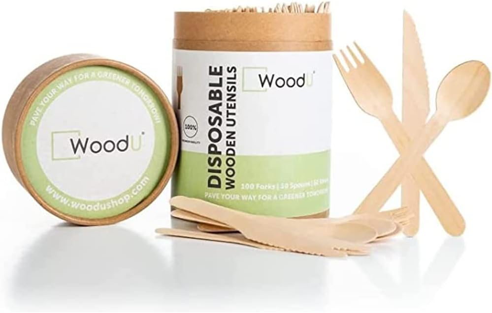 WoodU Wooden Cutlery Set Disposable Utensils All-Natural, Eco-Friendly, Biodegradable, and Compostable Taking Steps for a Greener Tomorrow! (200 pack-100 Forks, 50 Spoons, 50 Knives)