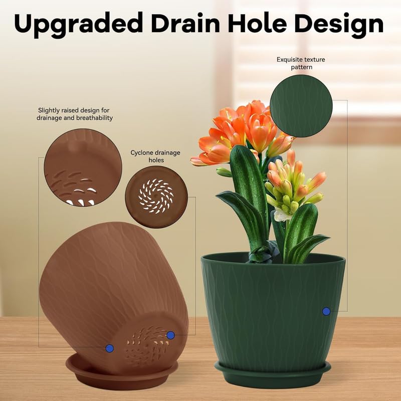 Image of StyleX Store Plastic Round Flower Pots with Drainage Hole Saucers | Durable Outdoor Indoor Wave Pattern Planters with Tray Plant Container for Garden Office, Balcony and Home (Set of 5,Z (Multicolor)