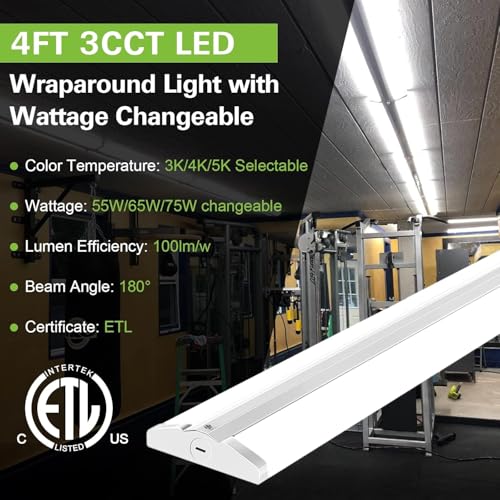 Image of hykolity 4FT 5''W LED Wraparound Light with 3 Wattages /3 CCT Selectable | 55W-75W, 3000K-5000K, 5500LM-7500LM, No Glare, Flush Mount Ceiling Light for Office Kitchen, Laundry Room, ETL, 4 Pack