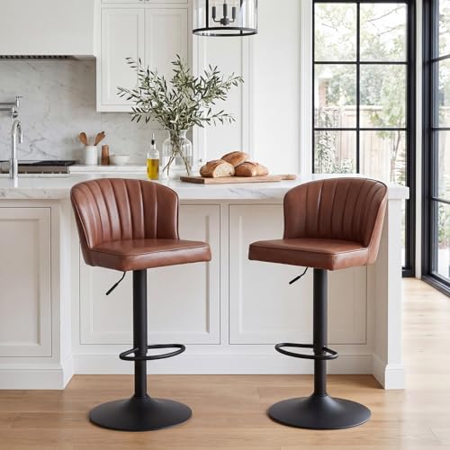 Image of EALSON Swivel Counter Height Bar Stools Set of 2 Modern Adjustable Bar Chairs with Back Leather Upholstered Barstools with Metal Base Comfortable Island Chairs for Kitchen Counter /Pub, Brown