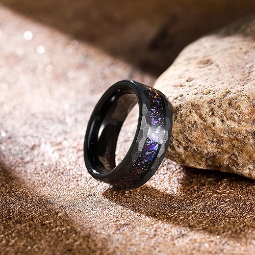 THREE KEYS JEWELRY 8mm Black Tungsten Rings for Men Unisex Hammered Wedding Band Engagement Ring Galaxy Opal Stone Inlay3
