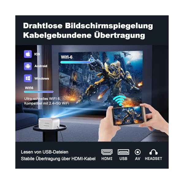 【Elektrischer Fokus/Trapezkorrektur】 Hipppus Smart Beamer Heimkino 4K Mini Android Projektor 1080P Full HD WiFi 6 Bluetooth Video Minibeamer Handy kompatibel mit Smartphone/Fire Stick – Bild 6
