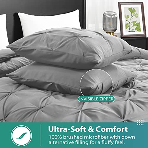 Downluxe Pintuck Queen Comforter Set With 2 Pillow Shams - 3-Piece - Light Grey Queen Bed Comforter Set For All Seasons, Pinch Pleat Microfiber Down Alternative Bedding Comforter Sets #TOP3