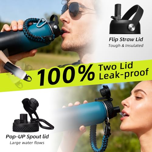 Image of 40 oz Insulated Water Bottle - Cold 48H & Hot 24H, Reusable Metal Water Bottle Hydro Cup with Paracord Handle Straw Spout Lids, Carrier Bag, Wide Mouth Thermal Mug for Sports Fitness Hiking