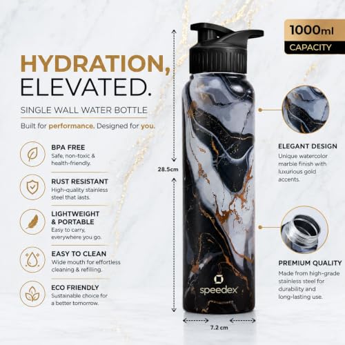 Image of Speedex Stainless Steel Printed Water Bottle 1 Ltr 1000 ml, BIS Approved, Leak Proof Sipper Cap Bottle for Office, School, Travel, Daily Use for Men, Women, Kids, Adults, Midnight Marble, Set of 4