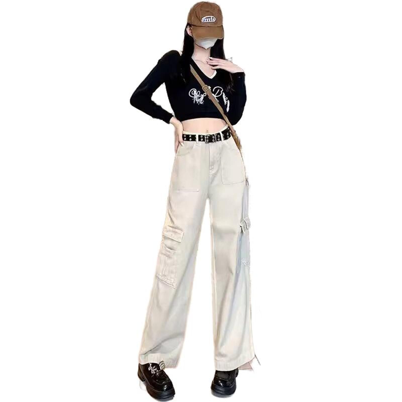 Casual Work Pants for Women Spring and Autumn High-Waisted Loose Straight-Leg Summer White Wide-Leg Pants -Apricot-Medium