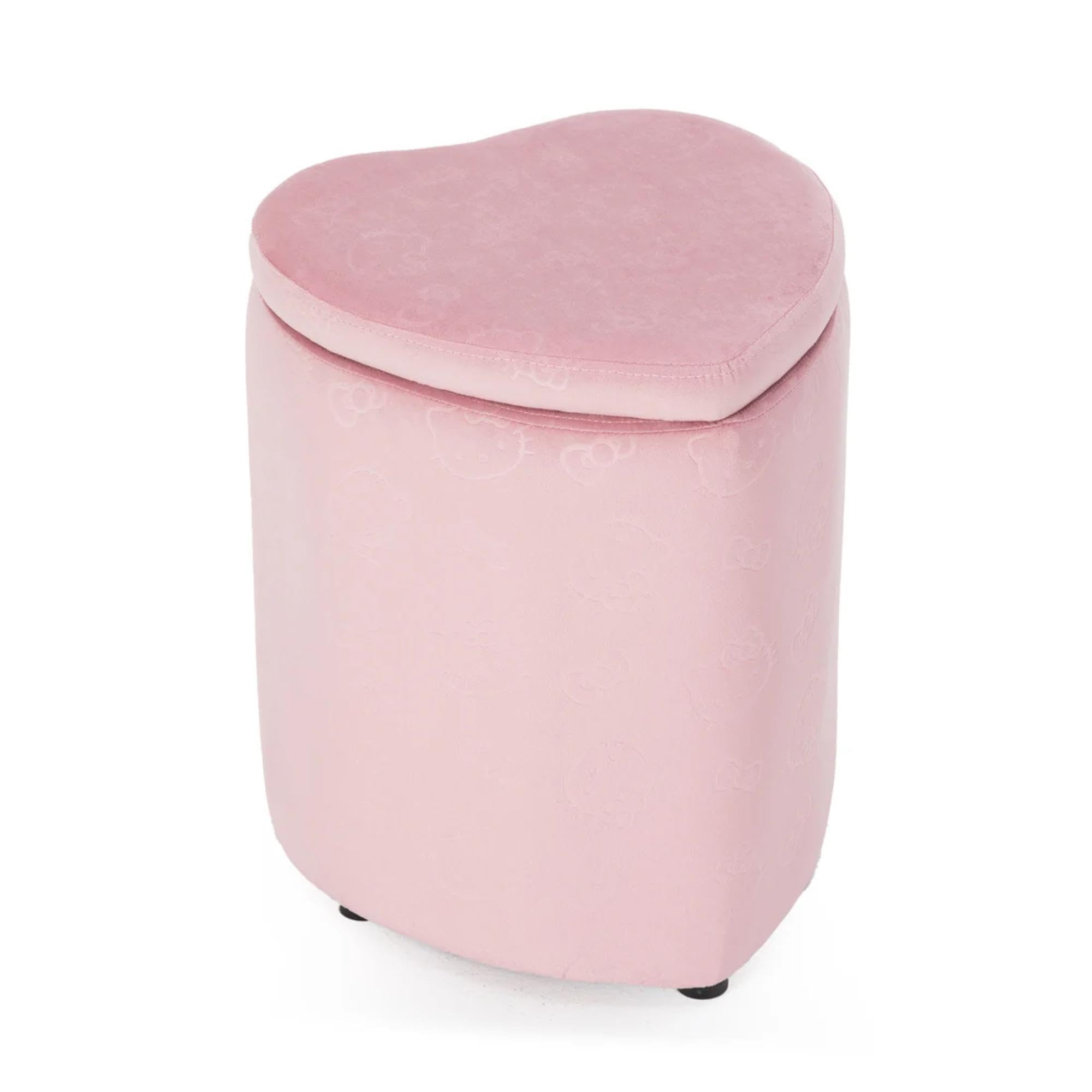 Impressions Vanity Hello Kitty Heart Storage Ottoman Chair, Soft and Velvety Fabric Padded Makeup Stool with Comfy Polyurethane Foam, Contemporary Ottoman for Bedroom and Living Room Decor (Pink)
