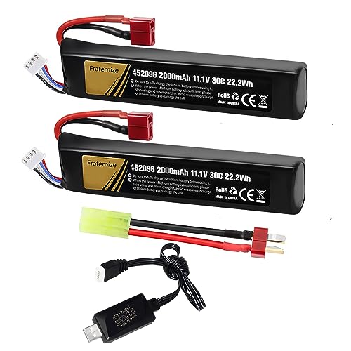 2 Pack 11.1V Airsoft Battery 2000mAh 30C Rechargeable Stick Pack Batteries Rechargeable Batteries USB Charger with T Plug to Mini Tamiya Cable for Airsoft Guns Rifle Model Gel Blaster Accessories