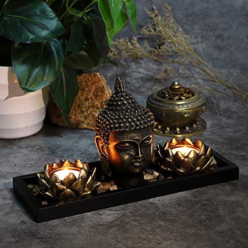 Ownmy Buddha Head Sculpture Statue With 2 Lotus Tealight Candle Holders 1 Wooden Display Tray Decor Stones, Buddha Meditation Votive Candle Holder Candle Stands For Home Decor Table Zen Garden Decor #TOP6