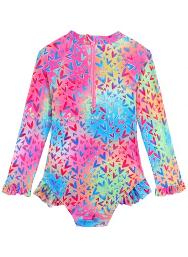Image of Baby Toddler Girl Long Sleeve Ruffle Swimsuit One Piece Zipper Rash Guard Bathing Suit with UPF 50+ Sun Protection
