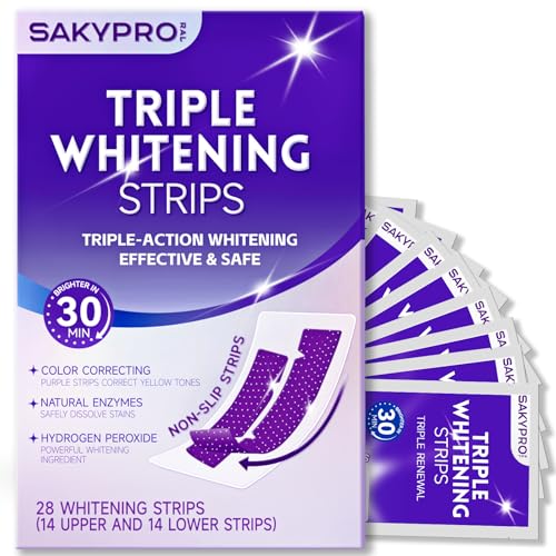 SAKYPRORAL Purple Whitening Strips 90-Day Long-Lasting Results Enamel Safe & Low-Sensitivity Professional Teeth Whitening Strips with Non-Slip Dry Strip Technology (28 Count (Pack of 1))