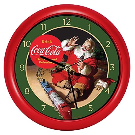 Mark Feldstein & Associates Coca Cola 90th Anniversary Santa and Train Christmas Carol Sound Clock, 8 Inch Red