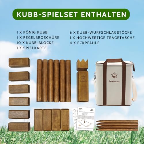 SunNordic Kubb Wikinger Wurfspiel, Schwedisches Schachspiel Aus Hochwertigem Gummibaumholz, Inklusive Tragetasche Aus Segeltuch Und Spielanleitung – Robustes Kubb Yard-Spiel FüR Kinder Und Erwachsene