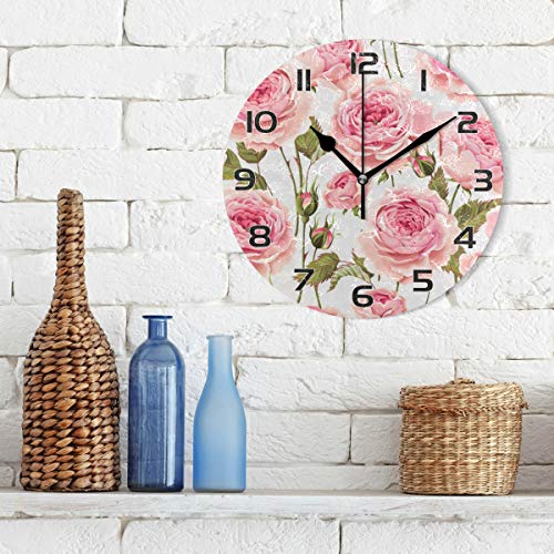 One Bear Valentine's Day Romantic Pink Roses Flower Wall Clock, Silent Non Ticking Battery Operated Round Clock For Kitchen Office School Home Decorative #TOP2