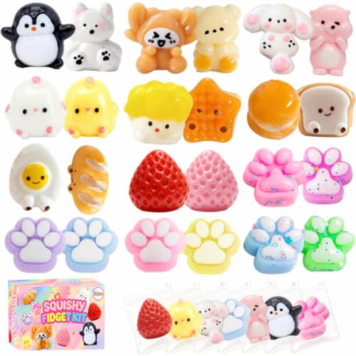 ZiZa 24Pcs Squishy Fun Box Toys Kit Set- Mini Taba Cheap Squishies Fidget Squeezee Toys Pack, Includ Animals, Strawberry, Cat Paw, Penguin, Hamster, Birthday Xmas Gift for Girls Kids