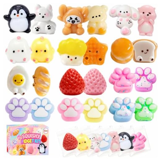 ZiZa 24Pcs Squishy Fun Box Toys Kit Set- Mini Taba Cheap Squishies Fidget Squeezee Toys Pack, Includ Animals, Strawberry, Cat Paw, Penguin, Hamster, Birthday Xmas Gift for Girls Kids