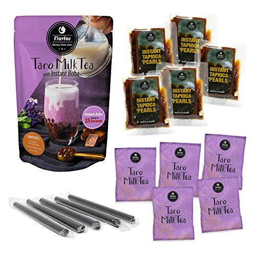 Flavfar Taro Milk Tea with Instant Tapioca Pearl - Authentic Taro Boba Tea Kit I Taro Milk Tea & Brown Sugar Boba & Straw I 5 Pack (Taro)