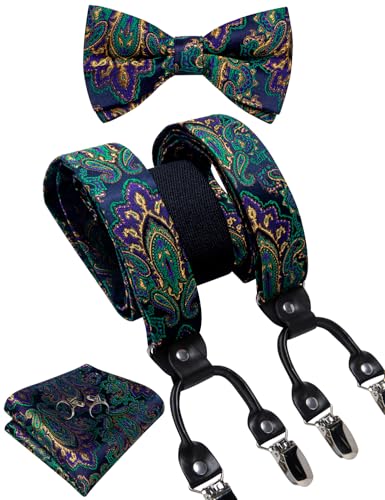 Image of DiBanGu Paisley Bow Tie and Supenders for Men Tuxedo Heavy Duty 6 Clips Suspender Adjustable Y-Shape Mens Trouser Braces