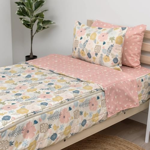 Image of Beddy's Flower Blossoms Durable Zipper Bedding for Kids - Bed in a Bag - Pink Floral Sheets and Comforter - Includes 2 Pillowcases & 2 Shams - Easy to Make & Wash - Full