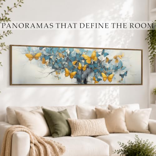 Image of Large Canvas Painting Panel Framed Wall Painting Abstract Tree with Yellow Butterfly Framed Luxury Paintings for Home Decoration, Living room, Bedroom and Office Decor (Sku Blue, 13x47 Inch)