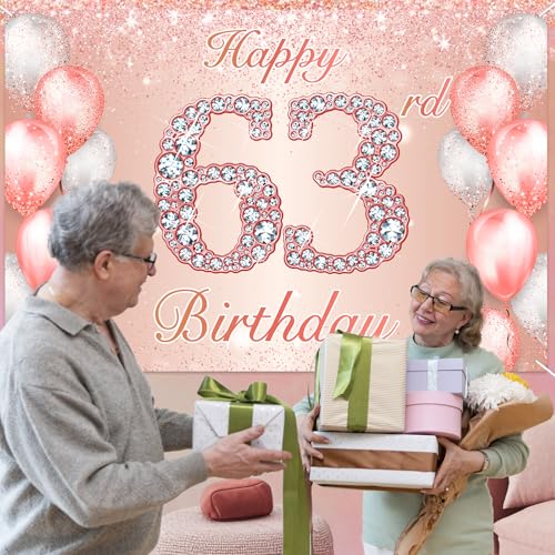 Image of Happy 63rd Birthday Rose Gold Banner Cheers to 63 Years Old Backdrop Confetti Balloons Theme Decor for Women 63 Years Old Pink Birthday Party Decorations Bday Supplies Background Favors Gift Glitter