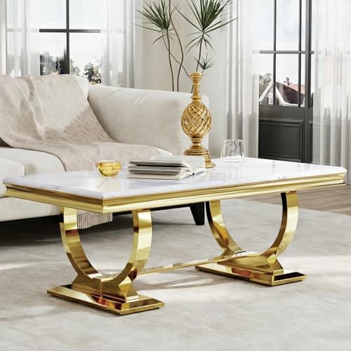 Asday Gold and White Coffee Table, Rectangle Gold Marble Coffee