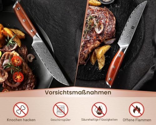 Foto von XINZUO Damaststahl 4-teilig Steakmesser Set,12.7cm Premium Besteckmesser Set Scharfe Steakbesteck Küchenmesser, Tafelmesser für Heim und Restaurant, mit Geschenkbox-Roseholz Griff-Yi Serie