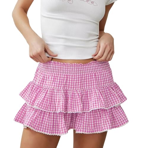Women's Y2K Gingham Mini Skirt Cute Plaid Ruffle Skirt Elastic Waist A Line Cake Lace Skirts