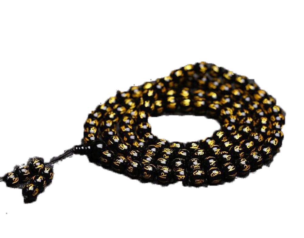 Bracelet tibétain obsidienne noire 8mm gravé cadeau spirituel avec amulette Mantra