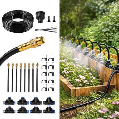 50FT Drip Irrigation Kit, 360° Adjustable Garden Watering System with 1/4' Tubing, Brass Misting...