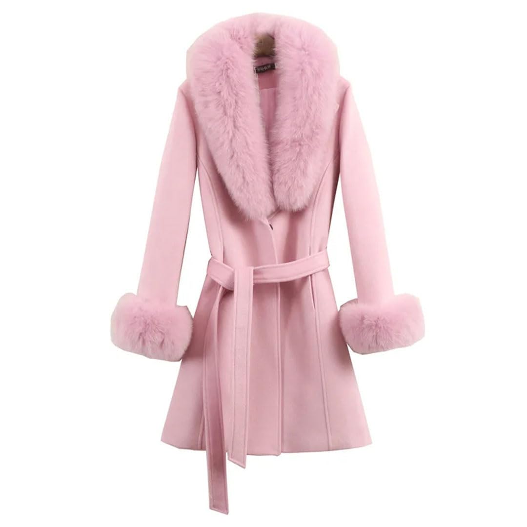 Abrigo de lana para mujer, cuello de piel, ropa de abrigo de lana de longitud media, abrigo delgado de lana de talla grande, color marrón y gris, talla XXL, marrón y gris, XXL