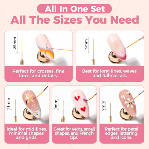 Image of UNA GELLA Nail Art Brushes Metallic, 5 Count Liner Pens Set For Nail Art Gel Polish, Detail Nail Art Design Painting Brush Set For Nails Gel Fine Drawing Nail Tools, Sizes 7 /9 /11 /15 /25mm