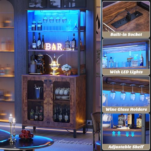 Aheaplus Bar Cabinet with Power Outlets, 67" Tall Wine Bar Liquor Cabinet with LED Lights & Glass Holder, Coffee Bars Station for Living Room, Microwave Stand Bakers Rack Cabinets, Rustic Brown - Image 7